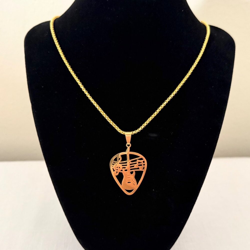 Guitar Pick Necklace 23 Inch Gold Stainless Steel Music Pendant for Men or Women